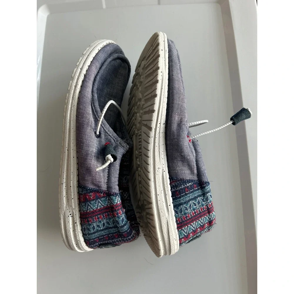 Hey Dude Wally Funk Jacquard Tribe Blue Canvas Slip On Loafers Mens 9 Womens 11